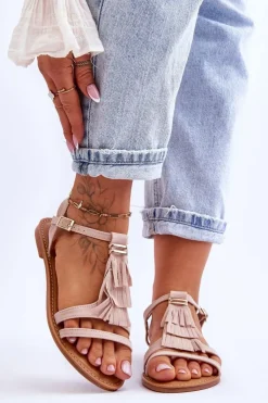 Boto Sandały Płaskie*Sandały Damskie Płaskie Zamszowe Boho Beżowe Lucami