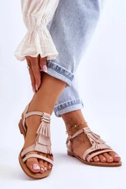 Boto Sandały Płaskie*Sandały Damskie Płaskie Zamszowe Boho Beżowe Lucami