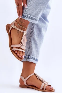 Boto Sandały Płaskie*Sandały Damskie Płaskie Zamszowe Boho Beżowe Lucami