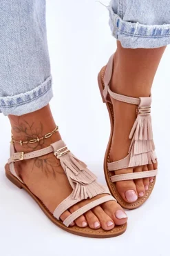 Boto Sandały Płaskie*Sandały Damskie Płaskie Zamszowe Boho Beżowe Lucami