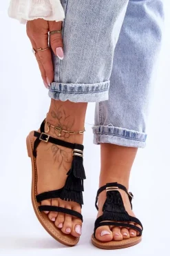 Damskie Boto Sandały Damskie Płaskie Zamszowe Boho Czarne Lucami