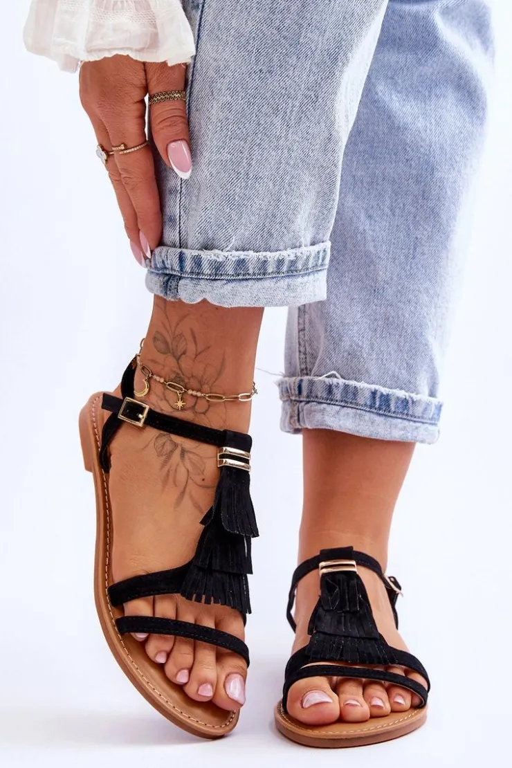 Damskie Boto Sandały Damskie Płaskie Zamszowe Boho Czarne Lucami