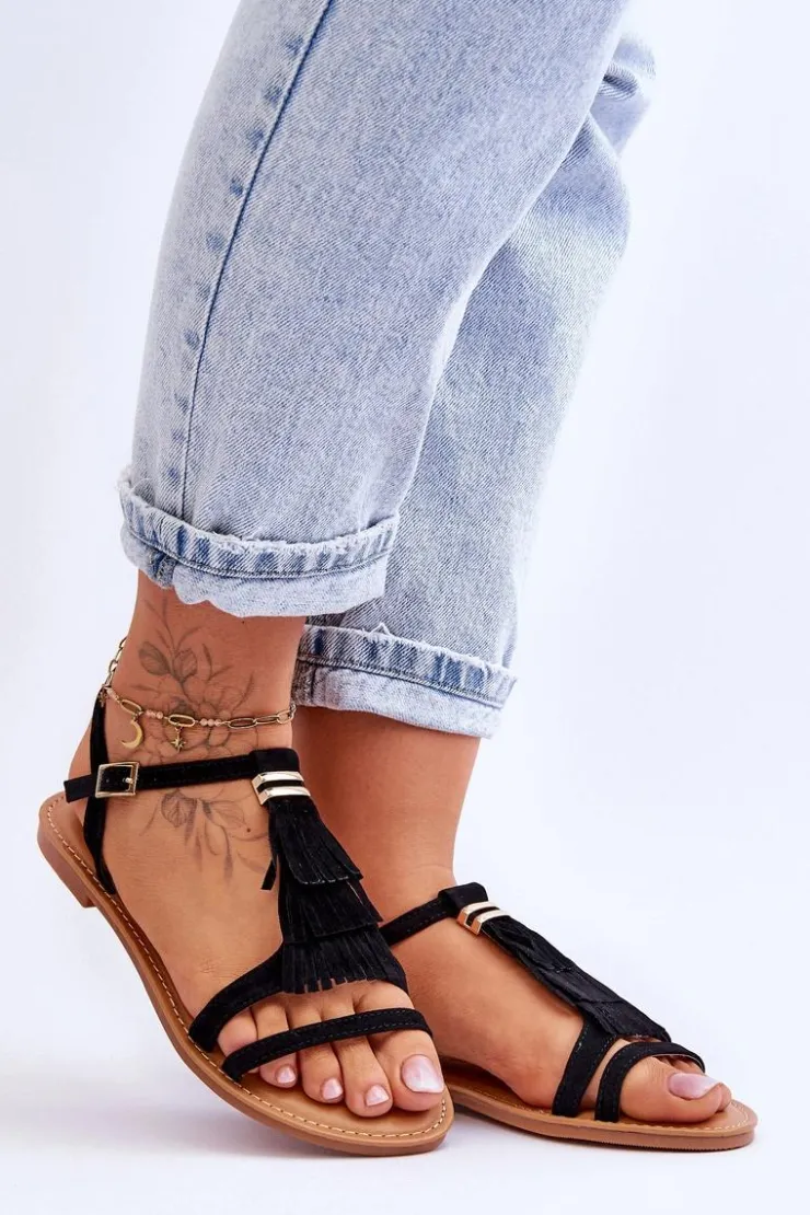 Damskie Boto Sandały Damskie Płaskie Zamszowe Boho Czarne Lucami