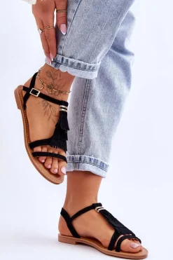 Damskie Boto Sandały Damskie Płaskie Zamszowe Boho Czarne Lucami