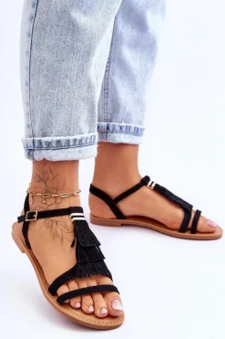 Damskie Boto Sandały Damskie Płaskie Zamszowe Boho Czarne Lucami