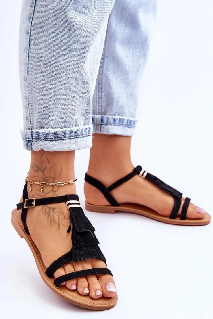 Damskie Boto Sandały Damskie Płaskie Zamszowe Boho Czarne Lucami