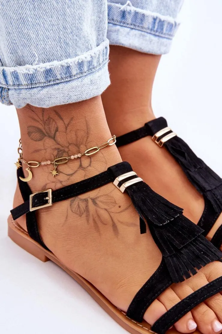 Damskie Boto Sandały Damskie Płaskie Zamszowe Boho Czarne Lucami