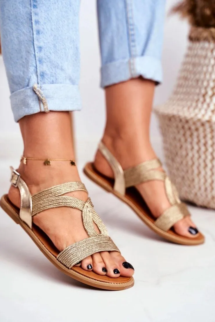 Best Boto Sandały Damskie Płaskie Złote Rachel