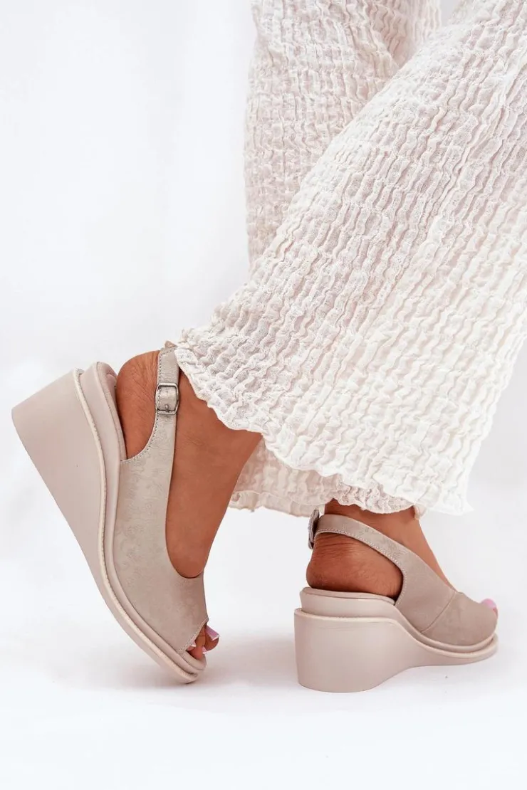 Damskie buty S.Barski Sandały Na Koturnie*Sandały Damskie Skórzane Na Koturnie S.Barski LR51-539 Złote