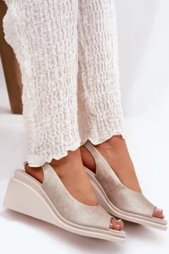 Damskie buty S.Barski Sandały Na Koturnie*Sandały Damskie Skórzane Na Koturnie S.Barski LR51-539 Złote