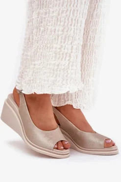 Damskie buty S.Barski Sandały Na Koturnie*Sandały Damskie Skórzane Na Koturnie S.Barski LR51-539 Złote