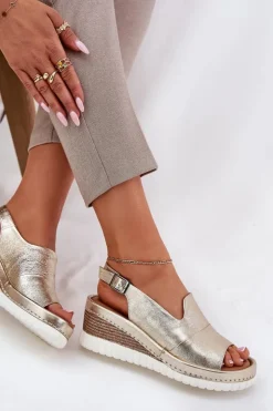 Best Artiker Sandały Damskie Skórzane Na Koturnie 56C0920 Złote Złoty