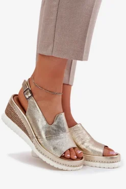 Best Artiker Sandały Damskie Skórzane Na Koturnie 56C0920 Złote Złoty