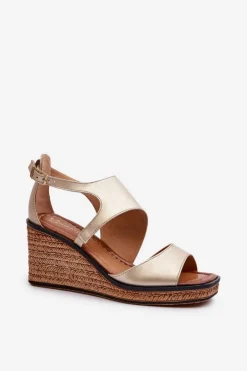 Damskie Maciejka Sandały Damskie Skórzane Na Koturnie 06657-25 Złote