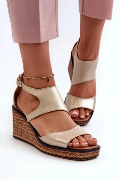 Damskie Maciejka Sandały Damskie Skórzane Na Koturnie 06657-25 Złote