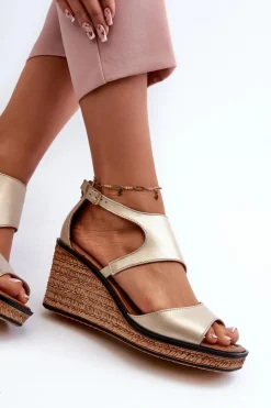 Damskie Maciejka Sandały Damskie Skórzane Na Koturnie 06657-25 Złote