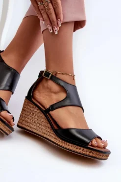 Discount Maciejka Sandały Damskie Skórzane Na Koturnie 06657-01 Czarne