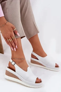 Artiker Sandały Na Koturnie*Sandały Damskie Skórzane Na Koturnie 56C0918 Białe Biały