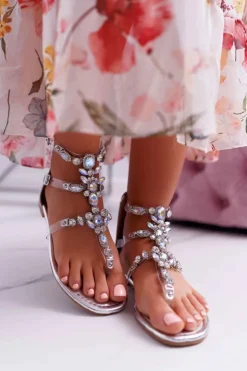 Damskie Boto Sandały Damskie Srebrne z Kryształkami Ywena