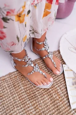 Damskie Boto Sandały Damskie Srebrne z Kryształkami Ywena