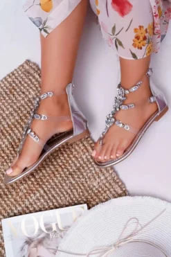 Damskie Boto Sandały Damskie Srebrne z Kryształkami Ywena