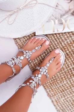 Damskie Boto Sandały Damskie Srebrne z Kryształkami Ywena