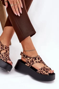 Damskie Boto Sandały Damskie W Panterkę Na Platformie Eko Zamszowe Brązowe Karonia