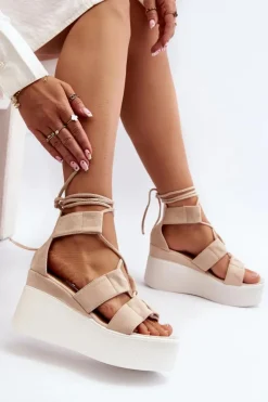 New Boto Sandały Damskie Wiązane Beżowe Helavi