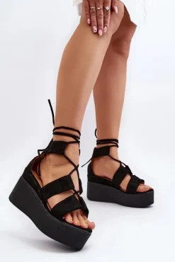 Clearance Boto Sandały Damskie Wiązane Czarne Helavi