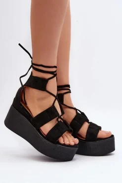 Clearance Boto Sandały Damskie Wiązane Czarne Helavi