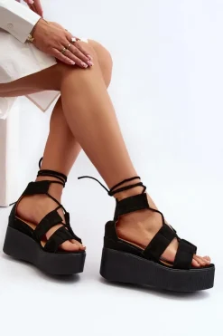 Clearance Boto Sandały Damskie Wiązane Czarne Helavi