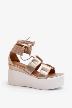 Boto Sandały Na Koturnie*Sandały Damskie Wiązane Złote Helavi