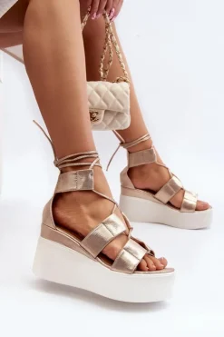 Boto Sandały Na Koturnie*Sandały Damskie Wiązane Złote Helavi