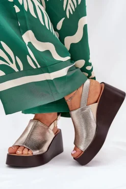 Boto Sandały Z Cholewką|Sandały Na Koturnie*Sandały Damskie Z Eko Skóry Na Platformie I Koturnie Złote Leaniria