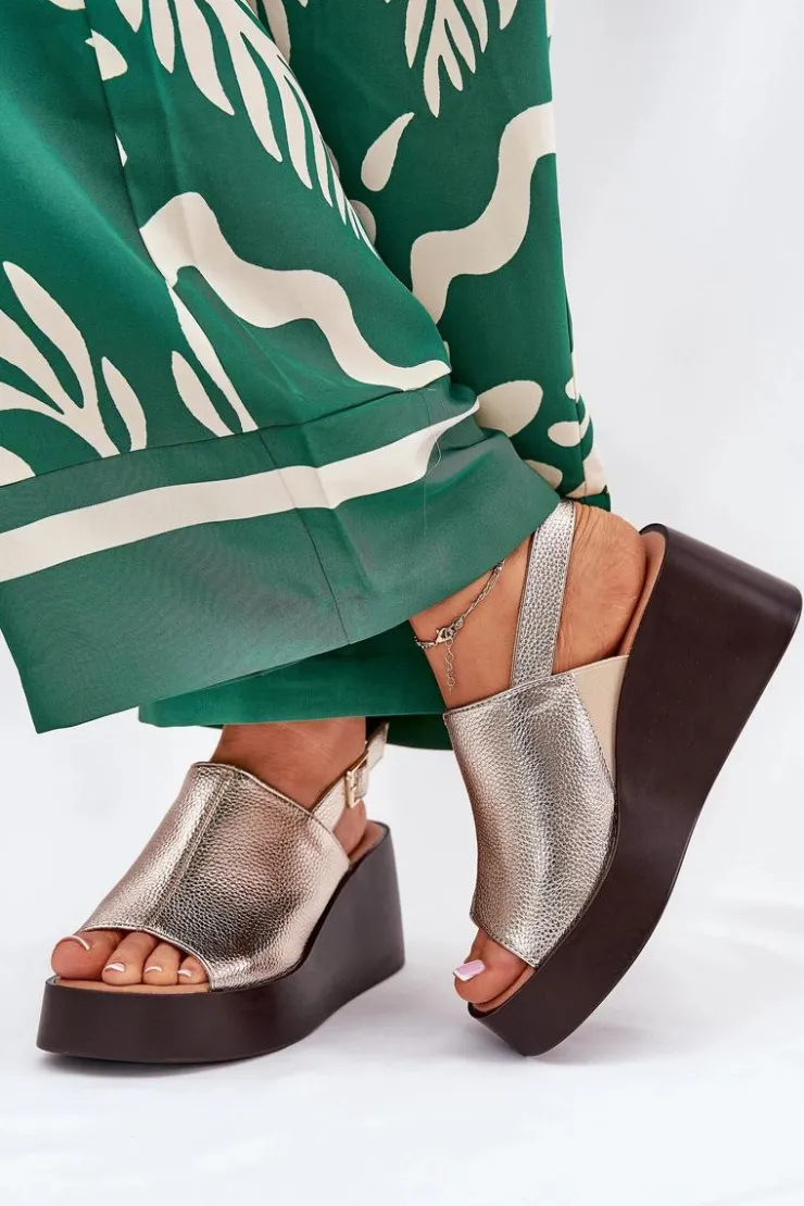 Boto Sandały Z Cholewką|Sandały Na Koturnie*Sandały Damskie Z Eko Skóry Na Platformie I Koturnie Złote Leaniria