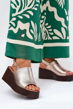 Boto Sandały Z Cholewką|Sandały Na Koturnie*Sandały Damskie Z Eko Skóry Na Platformie I Koturnie Złote Leaniria