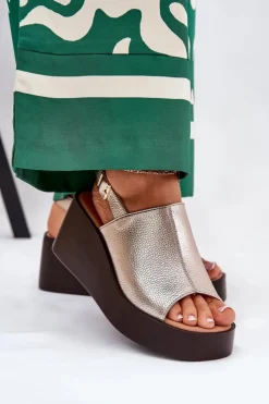 Boto Sandały Z Cholewką|Sandały Na Koturnie*Sandały Damskie Z Eko Skóry Na Platformie I Koturnie Złote Leaniria