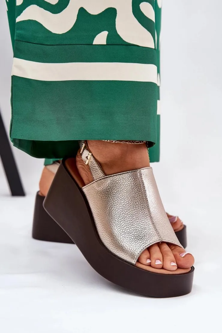 Boto Sandały Z Cholewką|Sandały Na Koturnie*Sandały Damskie Z Eko Skóry Na Platformie I Koturnie Złote Leaniria