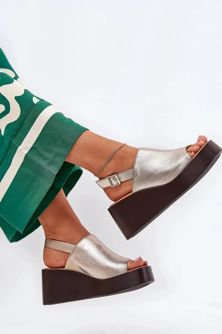 Boto Sandały Z Cholewką|Sandały Na Koturnie*Sandały Damskie Z Eko Skóry Na Platformie I Koturnie Złote Leaniria