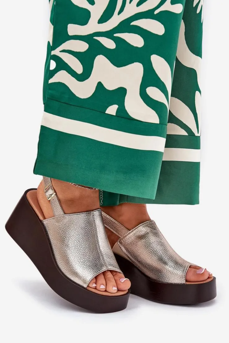 Boto Sandały Z Cholewką|Sandały Na Koturnie*Sandały Damskie Z Eko Skóry Na Platformie I Koturnie Złote Leaniria