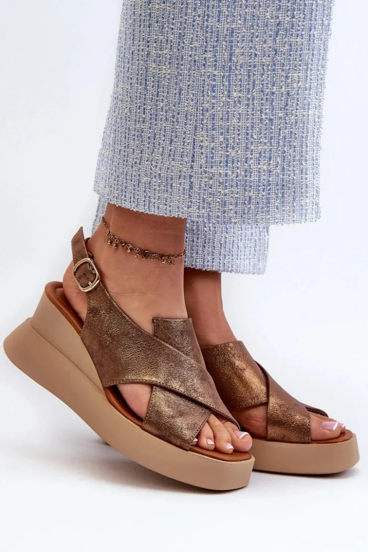 Clearance Boto Sandały Damskie Z Eko Skóry Na Platformie I Koturnie Miedziane Vaiara