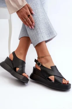 Damskie Boto Sandały Damskie Z Eko Skóry Na Platformie I Koturnie Czarne Vaiara