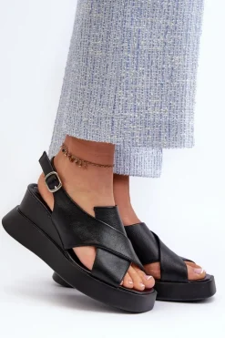 Damskie Boto Sandały Damskie Z Eko Skóry Na Platformie I Koturnie Czarne Vaiara