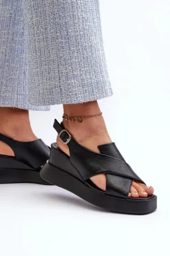 Damskie Boto Sandały Damskie Z Eko Skóry Na Platformie I Koturnie Czarne Vaiara