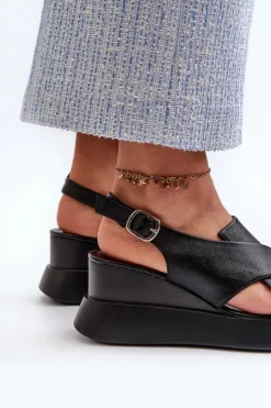Damskie Boto Sandały Damskie Z Eko Skóry Na Platformie I Koturnie Czarne Vaiara