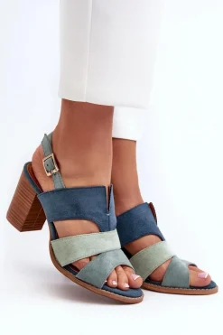 Sale Evento Sandały Damskie Z Eko Zamszu Na Obcasie Słupku Niebieskie Qutima