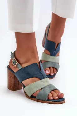 Sale Evento Sandały Damskie Z Eko Zamszu Na Obcasie Słupku Niebieskie Qutima