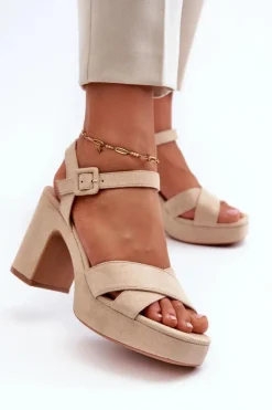 Damskie Boto Sandały Damskie Z Eko Zamszu Na Słupku I Platformie Jasnobeżowe Sakane