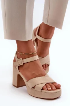 Damskie Boto Sandały Damskie Z Eko Zamszu Na Słupku I Platformie Jasnobeżowe Sakane