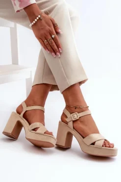 Damskie Boto Sandały Damskie Z Eko Zamszu Na Słupku I Platformie Jasnobeżowe Sakane